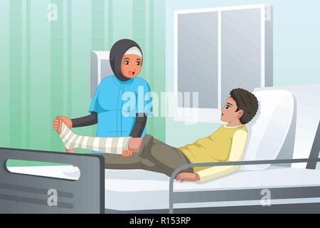 A vector illustration of Nurse Checking on Patient with Broken Leg Stock Vector