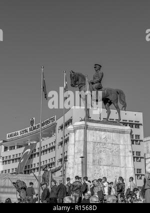 Ankara/Turkey- October 29 2018: People with Turkish flag near 'Statue of Mustafa Kemal Ataturk' in Ulus during 29 October Republic Day celebration of  Stock Photo