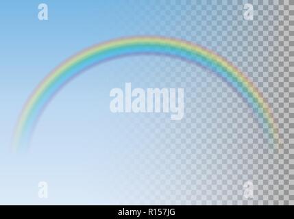 Realistic illustration of transparent colorful rainbow on blue sky after rain, isolated vector with adjustable transparency Stock Vector