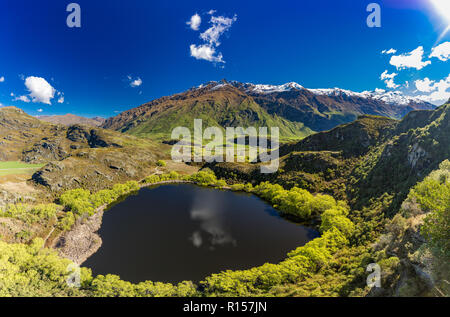 Diamond Lake in the Mt Aspiring National Park near Wanaka, New Zealand, seen from Rocky Mountain Stock Photo