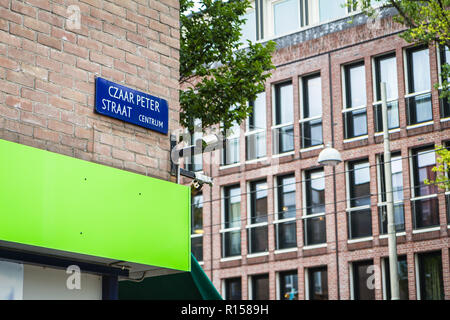 AMSTERDAM, THE NETHERLANDS - September 7, 2018: Czaar Peterstraat named in memory of Russian emperor Peter the Great who studied shipbilding herein 17 Stock Photo