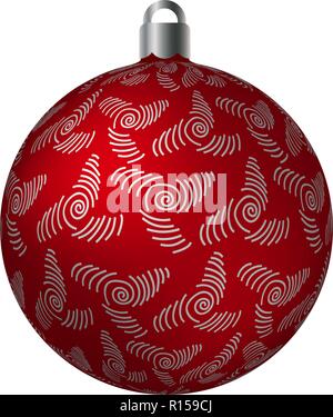 Red ornated Christmas ball with silver metallic whirls patterns isolated on white background. Simple abstract ornaments vector illustration. Postcard  Stock Vector