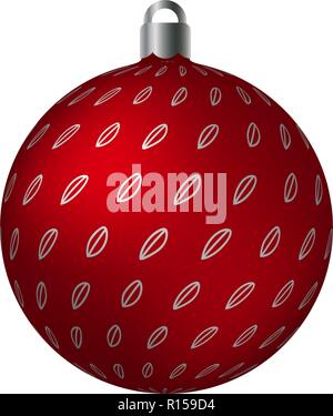 Red ornated Christmas ball with silver metallic bean patterns isolated on white background. Simple abstract ornaments vector illustration. Postcard te Stock Vector