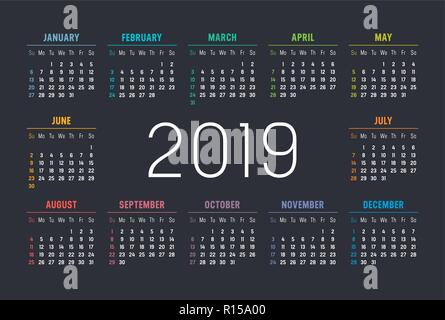 Year 2019 minimalist colorful calendar, on black background. Stock Vector