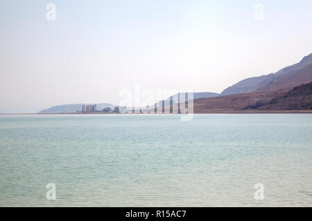 Dead Sea in Israel with Hotels in Distance - Israel Stock Photo
