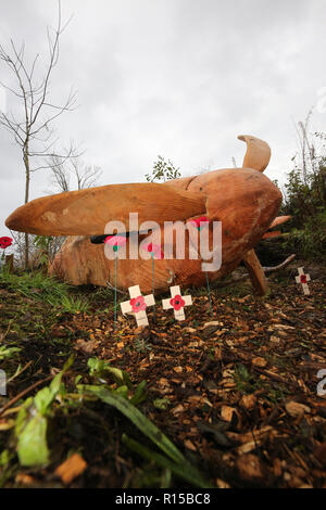 Scotland, Ayrshire.Ayr, Rozelle Park,  First World War commemorative sculpture trail by professional chainsaw carvers lain Chalmers, Andy Maclachlan,  Stock Photo