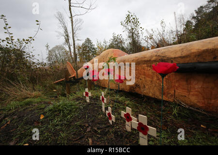 Scotland, Ayrshire.Ayr, Rozelle Park,  First World War commemorative sculpture trail by professional chainsaw carvers lain Chalmers, Andy Maclachlan,  Stock Photo
