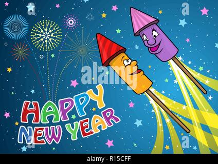 Happy New Year Background with Cartoon Firework Rockets Stock Vector