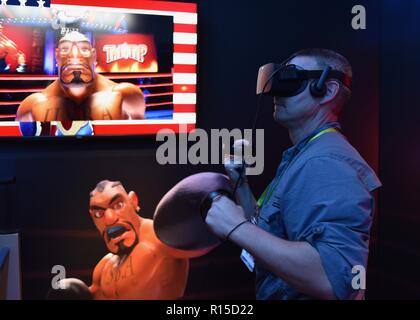 'Dell Experience' virtual reality boxing at CES (Consumer Electronics Show), the world’s largest technology trade show, held in Las Vegas, USA. Stock Photo