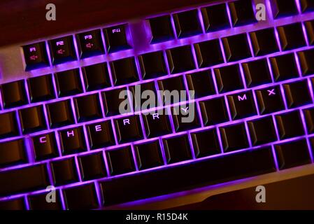 LED backlit Cherry MX Keyboard with low profile mechanical keyswitches on display at the CES (Consumer Electronics Show) in Las Vegas, NV, USA. Stock Photo