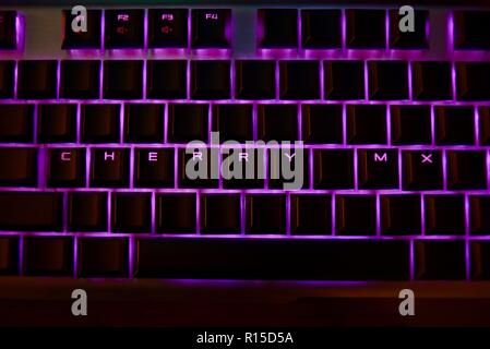LED backlit Cherry MX Keyboard with low profile mechanical keyswitches on display at the CES (Consumer Electronics Show) in Las Vegas, NV, USA. Stock Photo