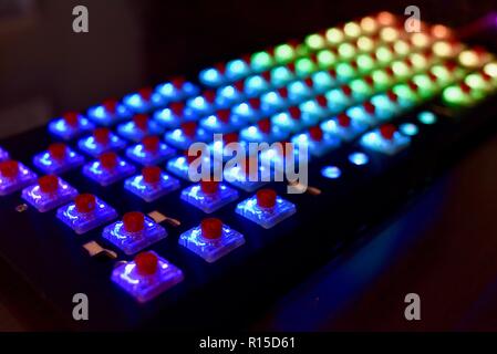 LED backlit Cherry MX Keyboard with low profile mechanical keyswitches on display at the CES (Consumer Electronics Show) in Las Vegas, NV, USA. Stock Photo