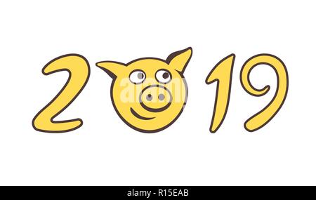 The cute piggy muzzle in numbers of 2019. Stock Vector