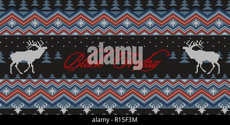 Black Friday. Winter knitted woolen seamless pattern with white reindeer on a dark background Stock Vector