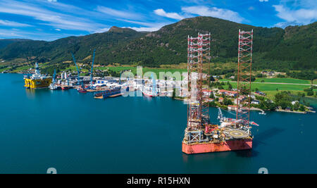 Oil rigs under maintenance near Olen, Norway. Stock Photo