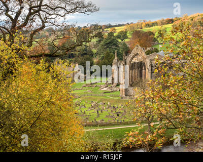 The ruins of Bolton Priory from a viewpoint across the River Wharfe in autumn at Bolton Abbey Yorkshire Dales England Stock Photo