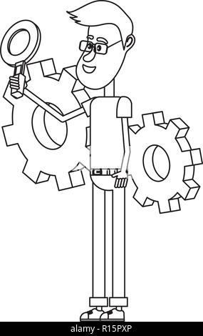 Young people and technical support black and white Stock Vector