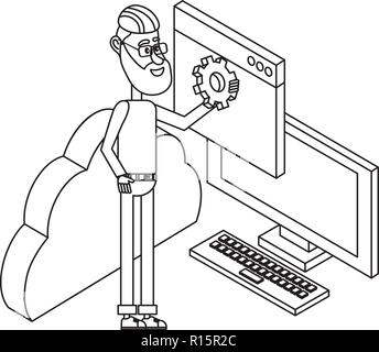 Young people and technical support black and white Stock Vector