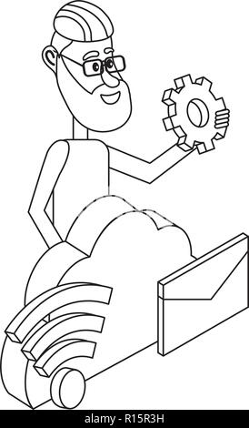 Young people and technical support black and white Stock Vector