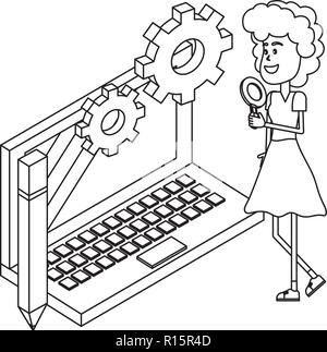 Young people and technical support black and white Stock Vector