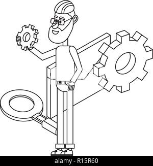 Young people and technical support black and white Stock Vector
