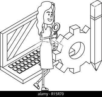 Young people and technical support black and white Stock Vector