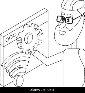 Young people and technical support black and white Stock Vector