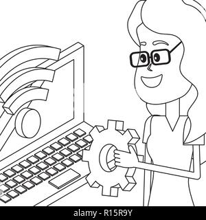 Young people and technical support black and white Stock Vector