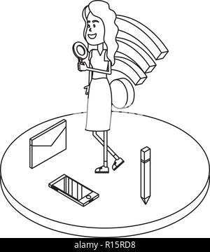 Woman on internet black and white Stock Vector