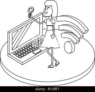 Woman on internet black and white Stock Vector