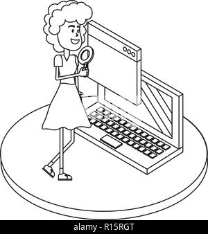Woman on internet black and white Stock Vector