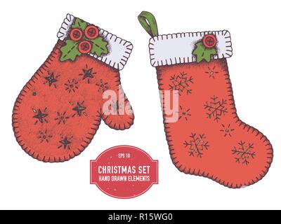 Vector collection of hand drawn mitten and stocking Stock Vector