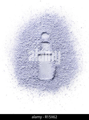 Imprint of perfume bottle on violet face powder. Isolated on a white background. Stock Photo