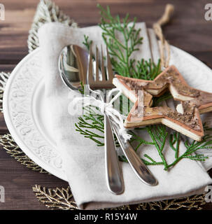 Christmas table setting decoration, Christmas holiday setting Stock Photo