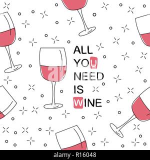 Vector seamless pattern with wine glasses. Hand drawn style Stock Vector