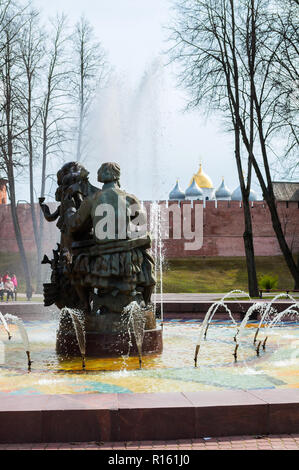 Veliky Novgorod, Russia - April 29, 2018. Fountain with sculptures of Sadko and Princess Volkhova - heroes of Novgorod legends, Veliky Novgorod, Russi Stock Photo