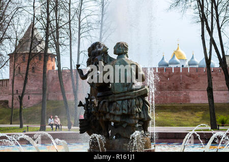 Veliky Novgorod, Russia - April 29, 2018. Fountain of Sadko and Princess Volkhova - heroes of Novgorod legends, Veliky Novgorod, Russia Stock Photo