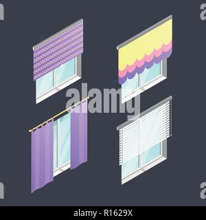 Set of 4 isometric windows with different curtains Stock Vector