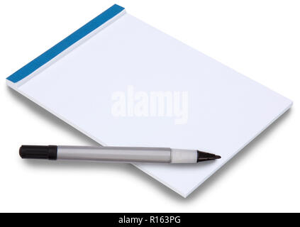 Notepad with white sheet of blank paper copy space for your writing with blue binding and a pen lying on the paper. Stock Photo