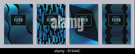 Set of flyer, posters, banners, placards, brochure design templates A6 size. Stripes, waves in blue, turquoise colors. Graphic design templates. Abstr Stock Vector