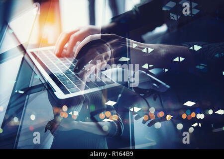 Business man works in office with laptop. Concept of internet network. double exposure Stock Photo