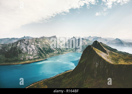 Norway landscape mountains and fjord aerial view Travel summer vacations scenic Senja islands Stock Photo