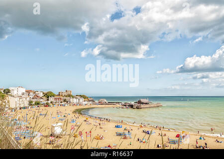 families on the beach on a summers day at Viking bay, Broadstairs, Kent, England Stock Photo