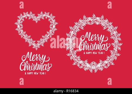 Inscription lettering Merry Christmas and Happy New Year. Winter round frame and heart of white snowflakes. Vector illustration isolated on red background. Stock Vector