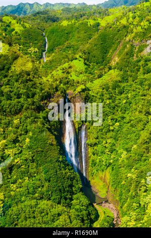 Aerial of a waterfall in the interior of Kauai, Hawaii, USA Stock Photo