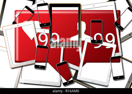 Digital tablets and smartphones overlapping each other with coordinated screens Stock Photo