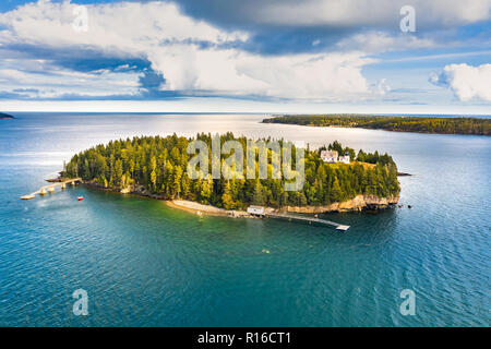 Aerial view of Bear Island. Bear Island and the Bear Island Lighthouse are located in the community of Cranberry Isles, in Acadia National Park, Maine Stock Photo