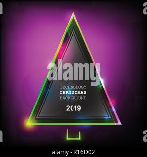 Black technology neon christmas tree on dark background. Pink, green light. Abstract vector triangle background Stock Vector