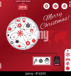 Pathway in the shape of christmas ball on red background. Red black grey christmas logistics icons on the red background and world map. Technology bac Stock Vector