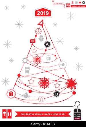 Red pathway in the shape of christmas tree on white background. Red grey christmas logistics icons on the white background. Technology background Stock Vector